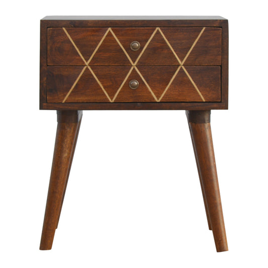 Geometric Brass Inlay Two Drawer Side Table