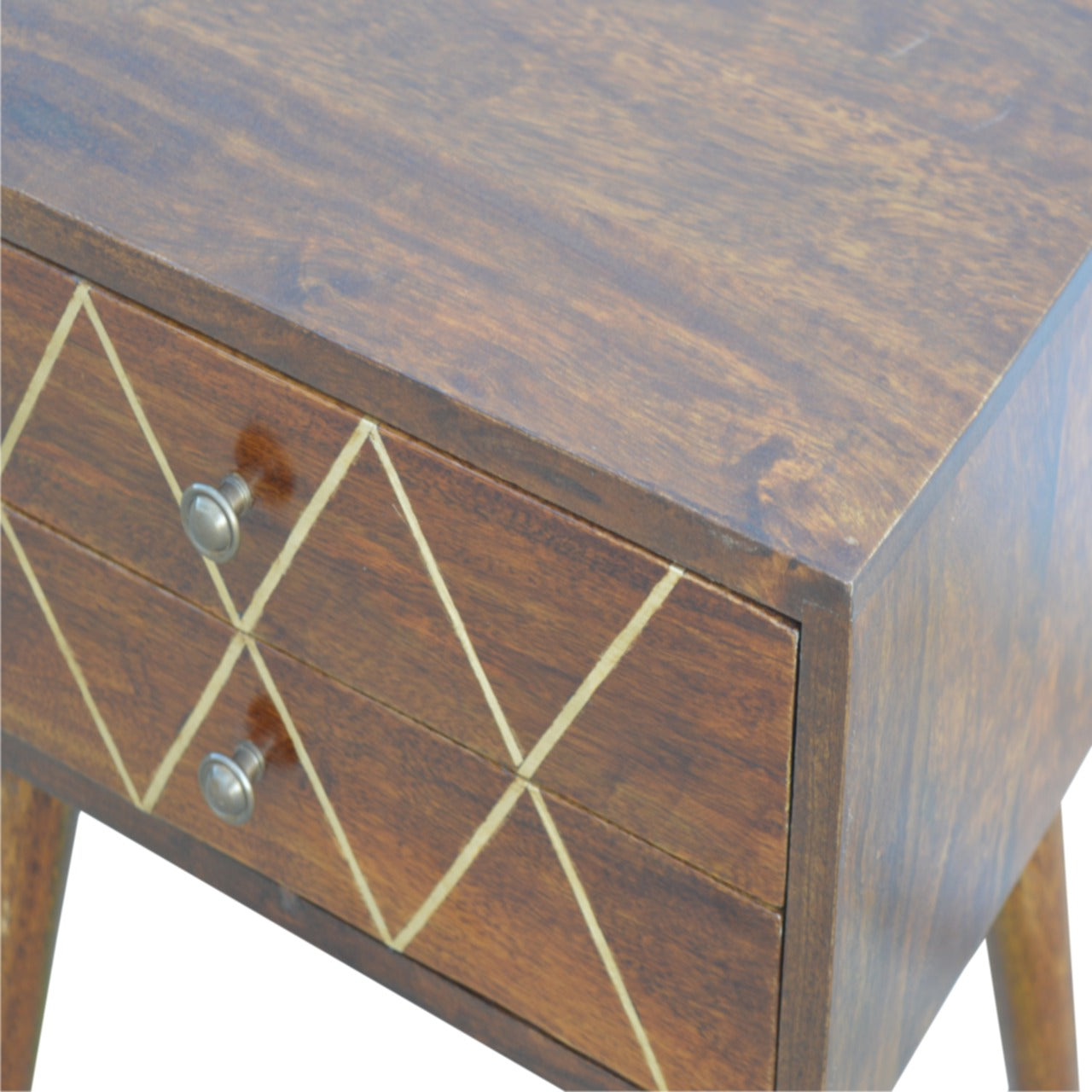 Geometric Brass Inlay Two Drawer Side Table