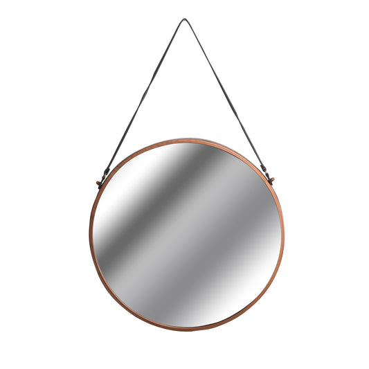 Copper Rimmed Round Hanging Wall Mirror With Black Strap 54cm