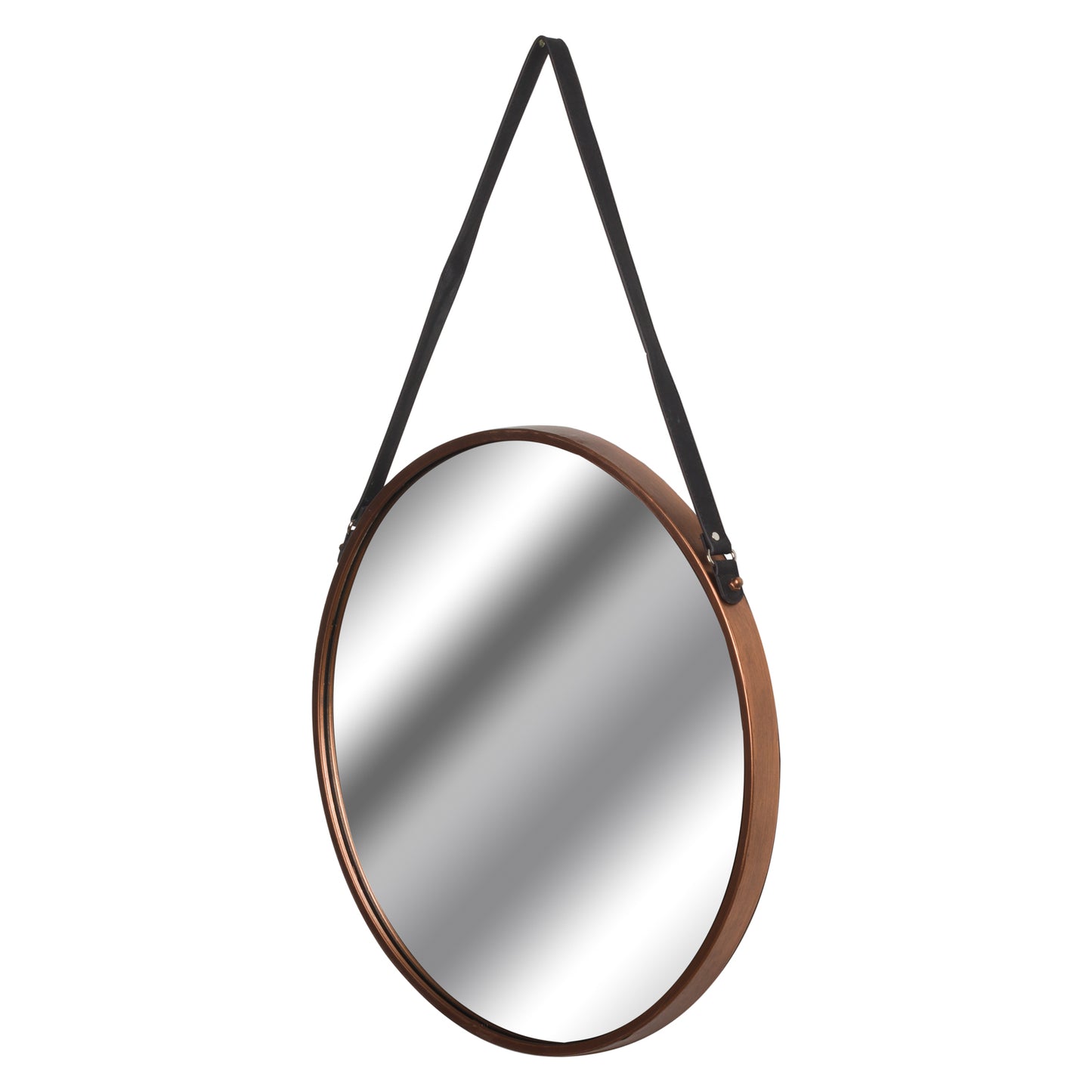 Copper Rimmed Round Hanging Wall Mirror With Black Strap 54cm