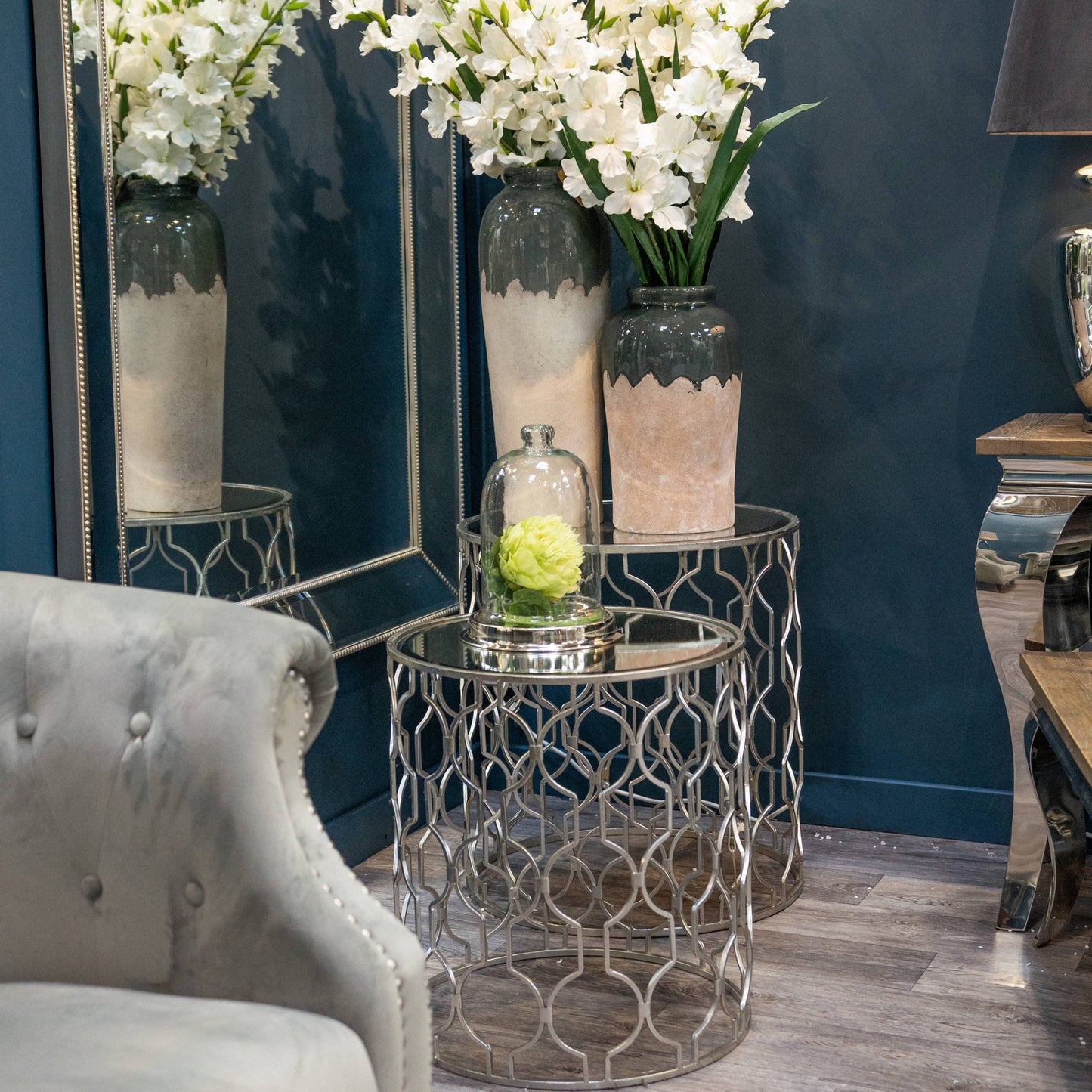 Arabesque Set of Two Silver Foil Mirrored Side Tables