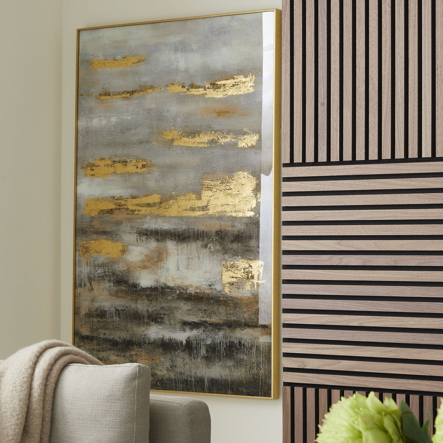 Large Abstract Grey And Gold Glass Image With Gold Frame 80 x 120 cm