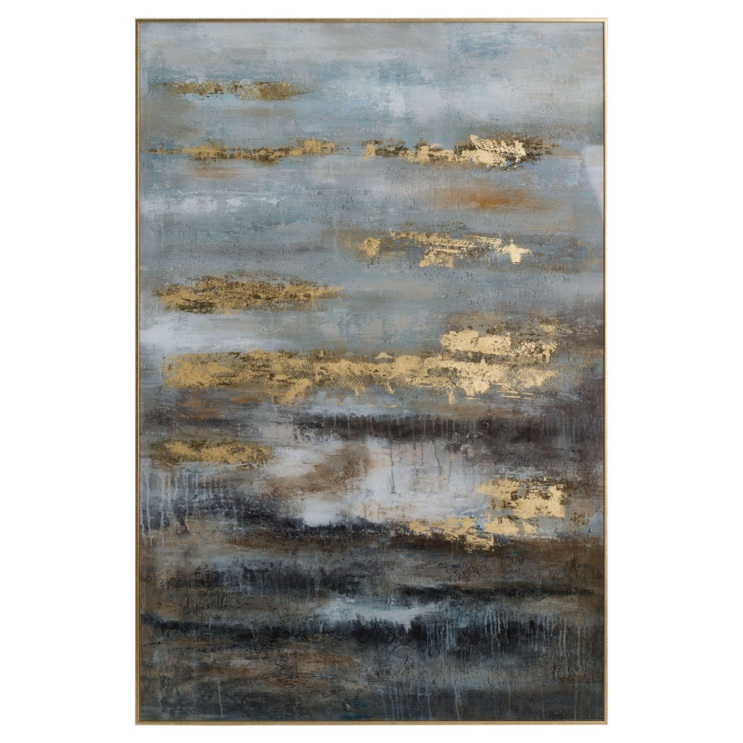 Large Abstract Grey And Gold Glass Image With Gold Frame 80 x 120 cm