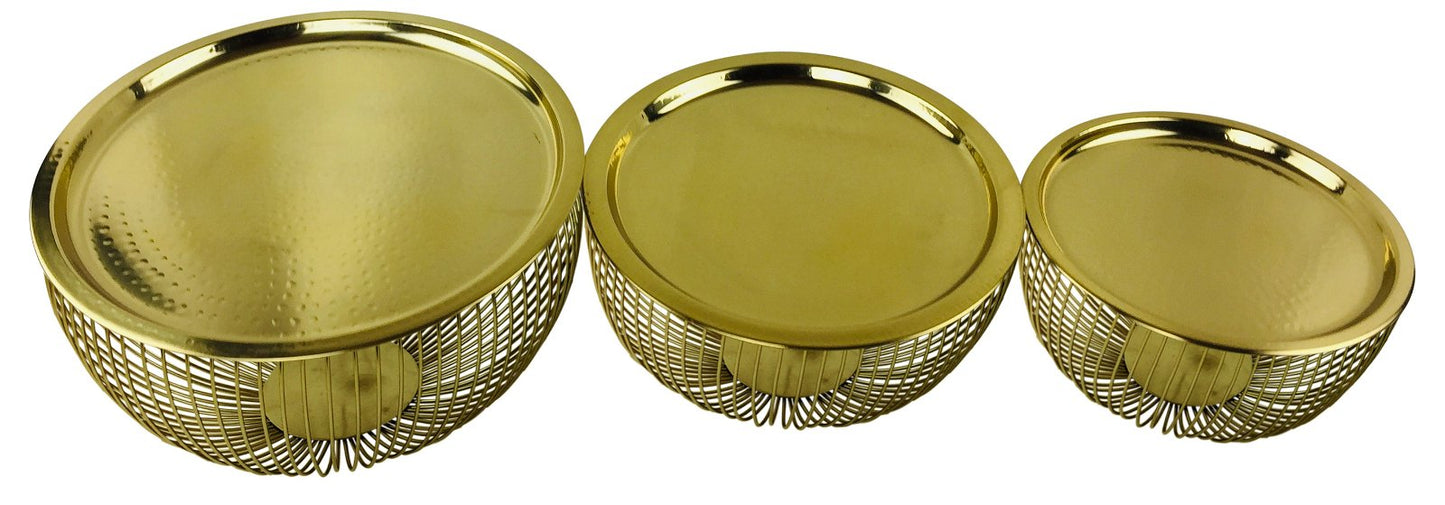 Three Gold Bowls With Plate Tops