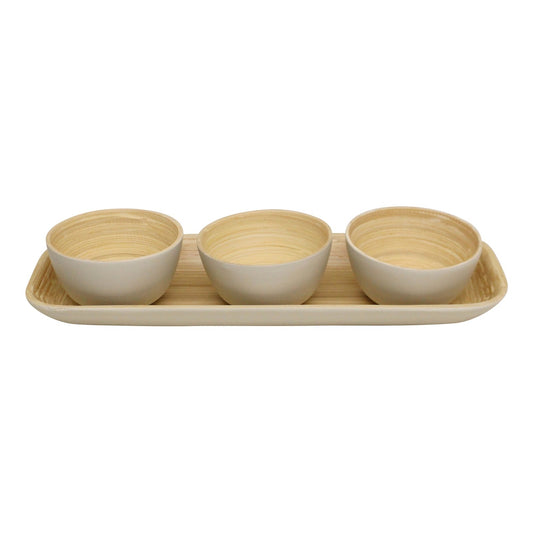 Natural Bamboo Three Serving Bowls On Tray